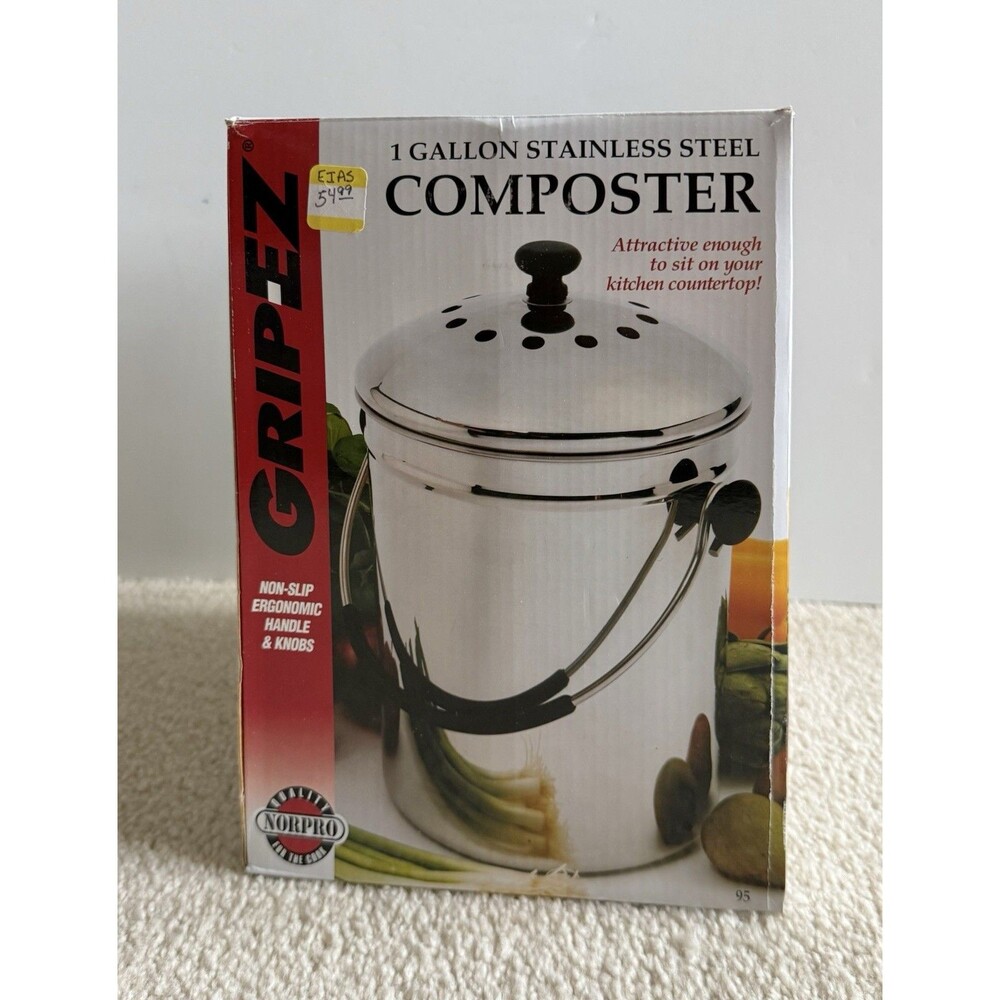 Grip-Ez Countertop Compost Bin Kitchen 1 Gallon Odorless Stainless Steel w/Lid - Picture 9 of 13